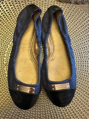 Coach Darsi Metallic Navy Signature Cap-Toe Ballet Flats Size 7.5